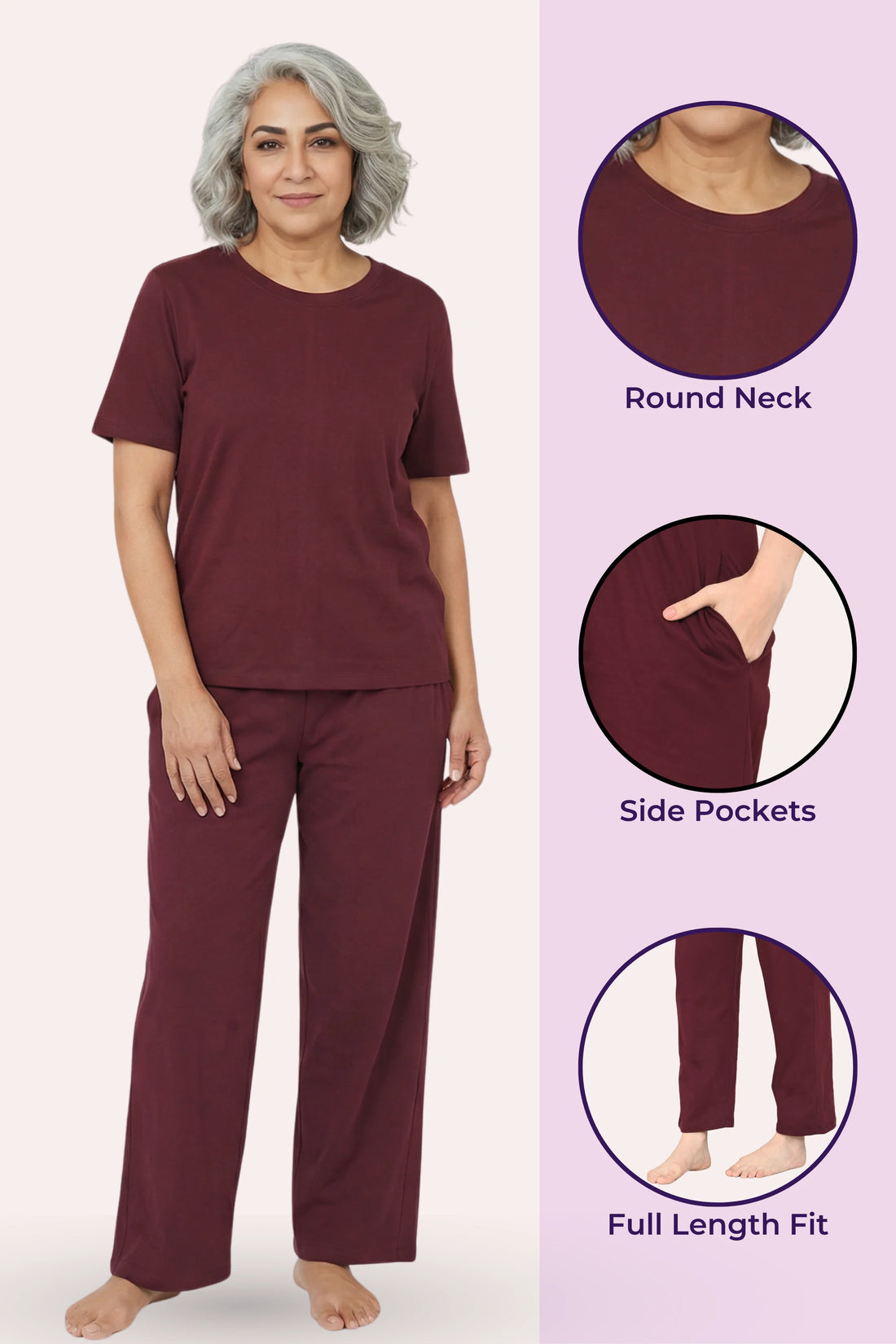 Woman wearing a wine pajama set