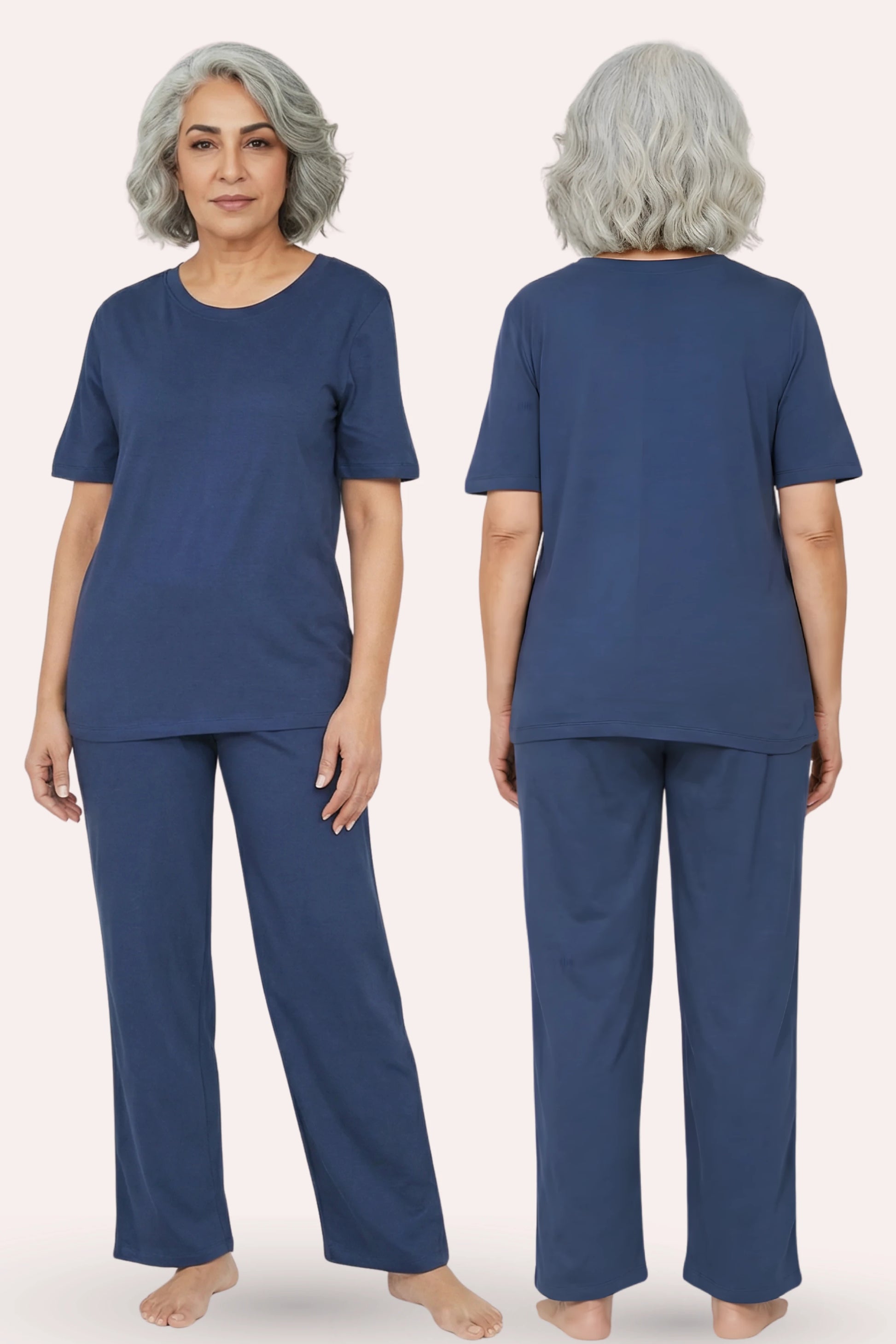 Woman wearing a airforce navy pajama set, shown from front and back