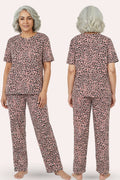 Person wearing a brown leopard print pajama set from front and back views