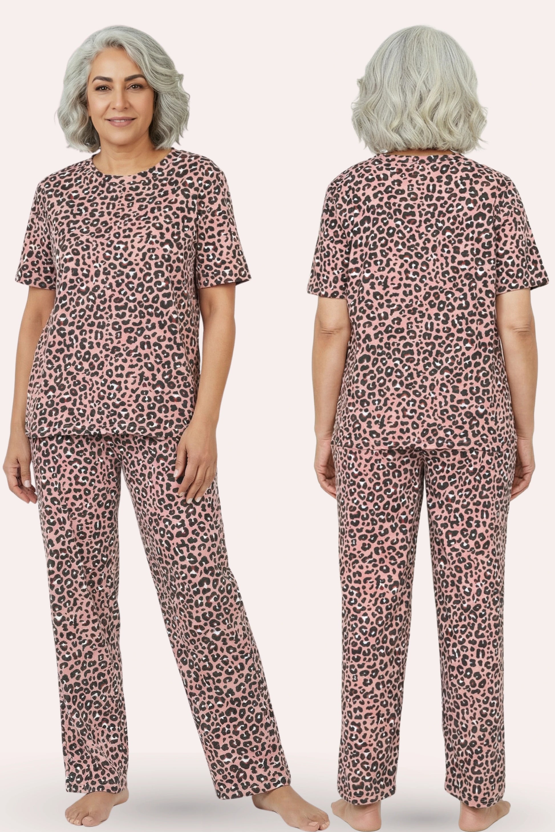Person wearing a brown leopard print pajama set from front and back views