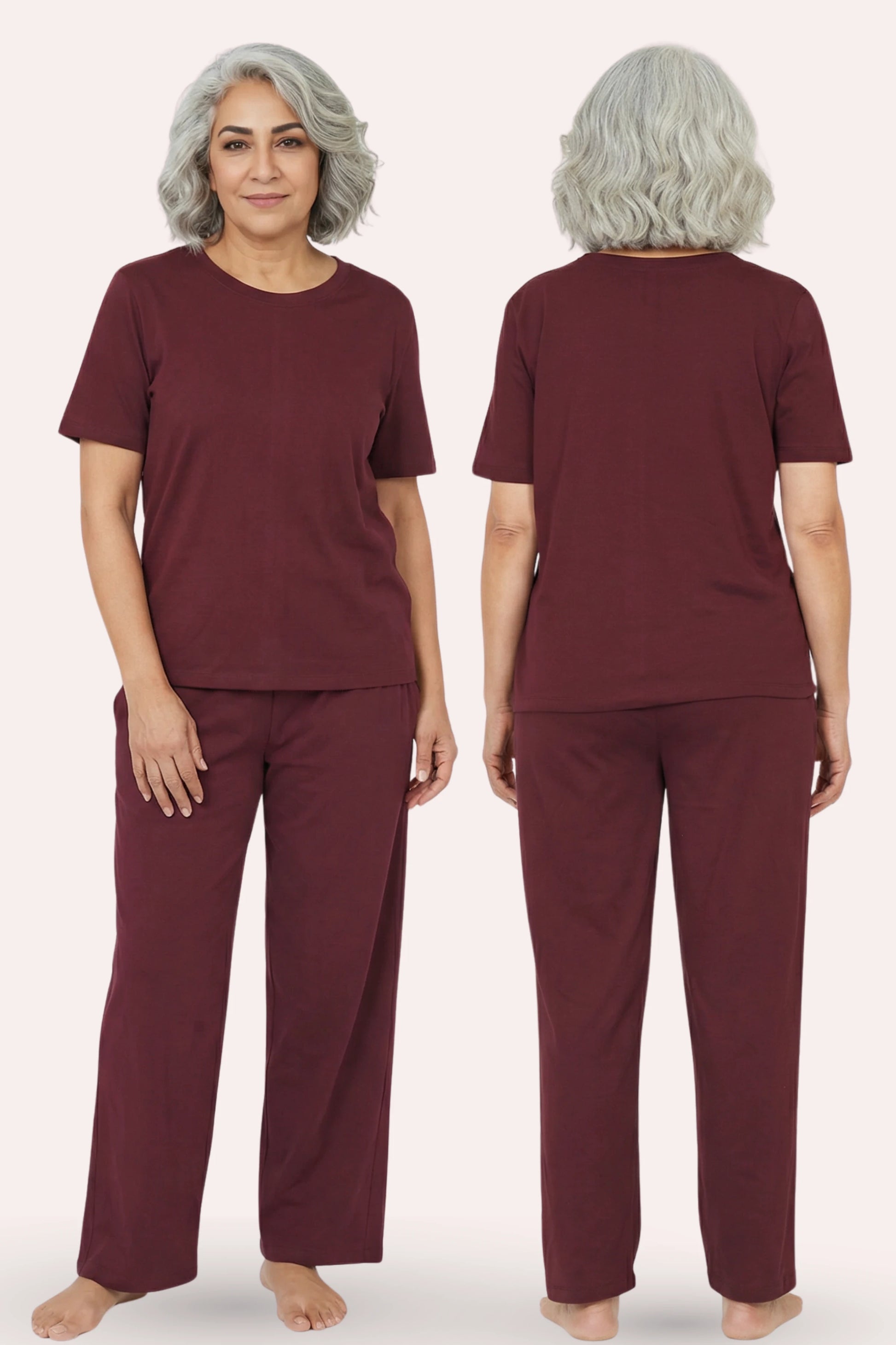 Wine pajama set worn by a person