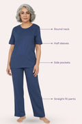 Woman wearing a airforce navy outfit with labeled features