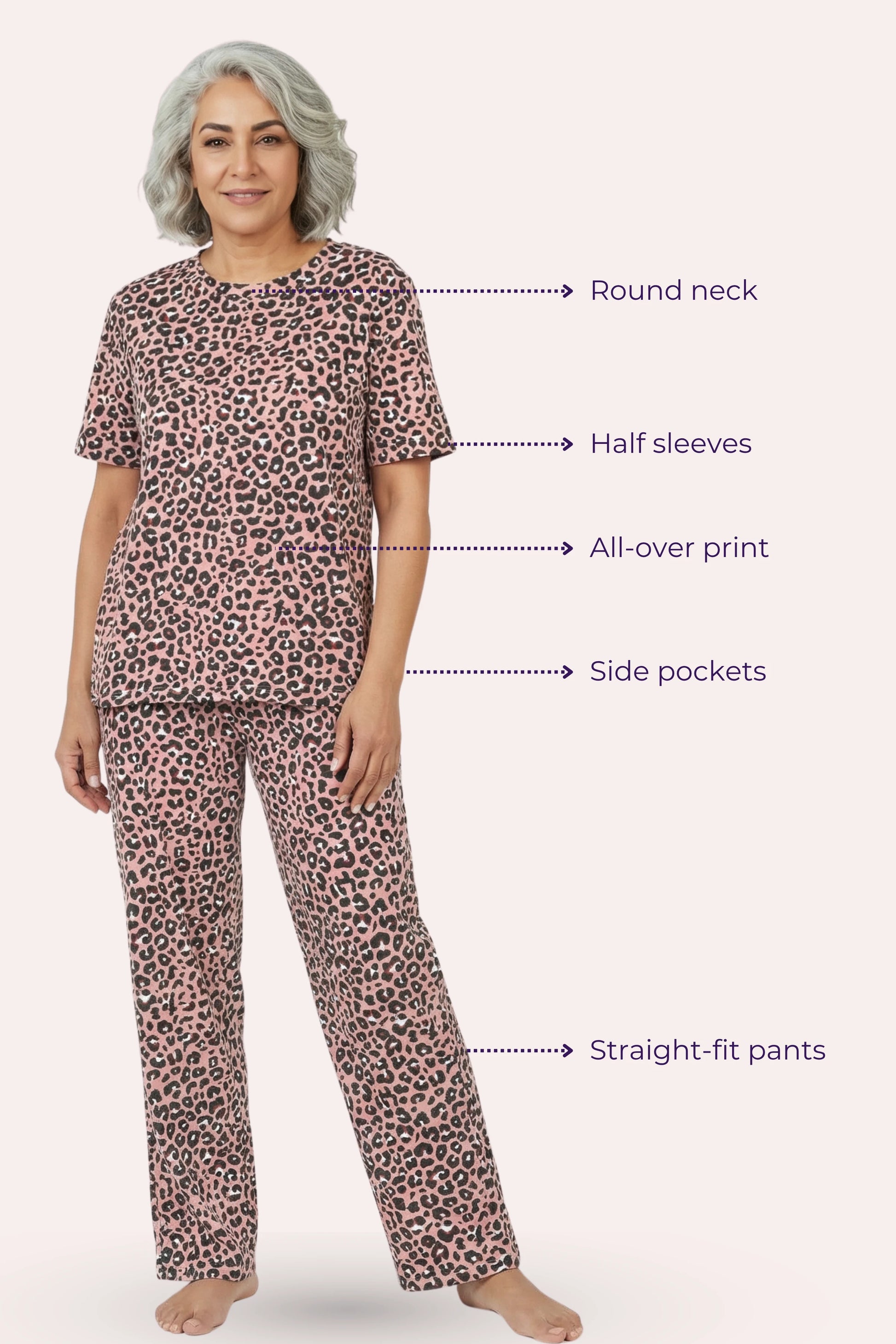 Woman wearing a brown leopard print pajama set with labeled features