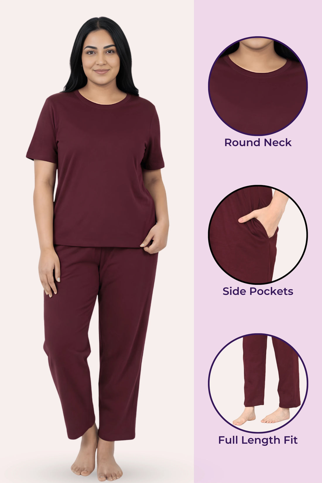 Woman wearing a wine pajama set