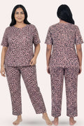 Brown leopard print pajama set worn by a model