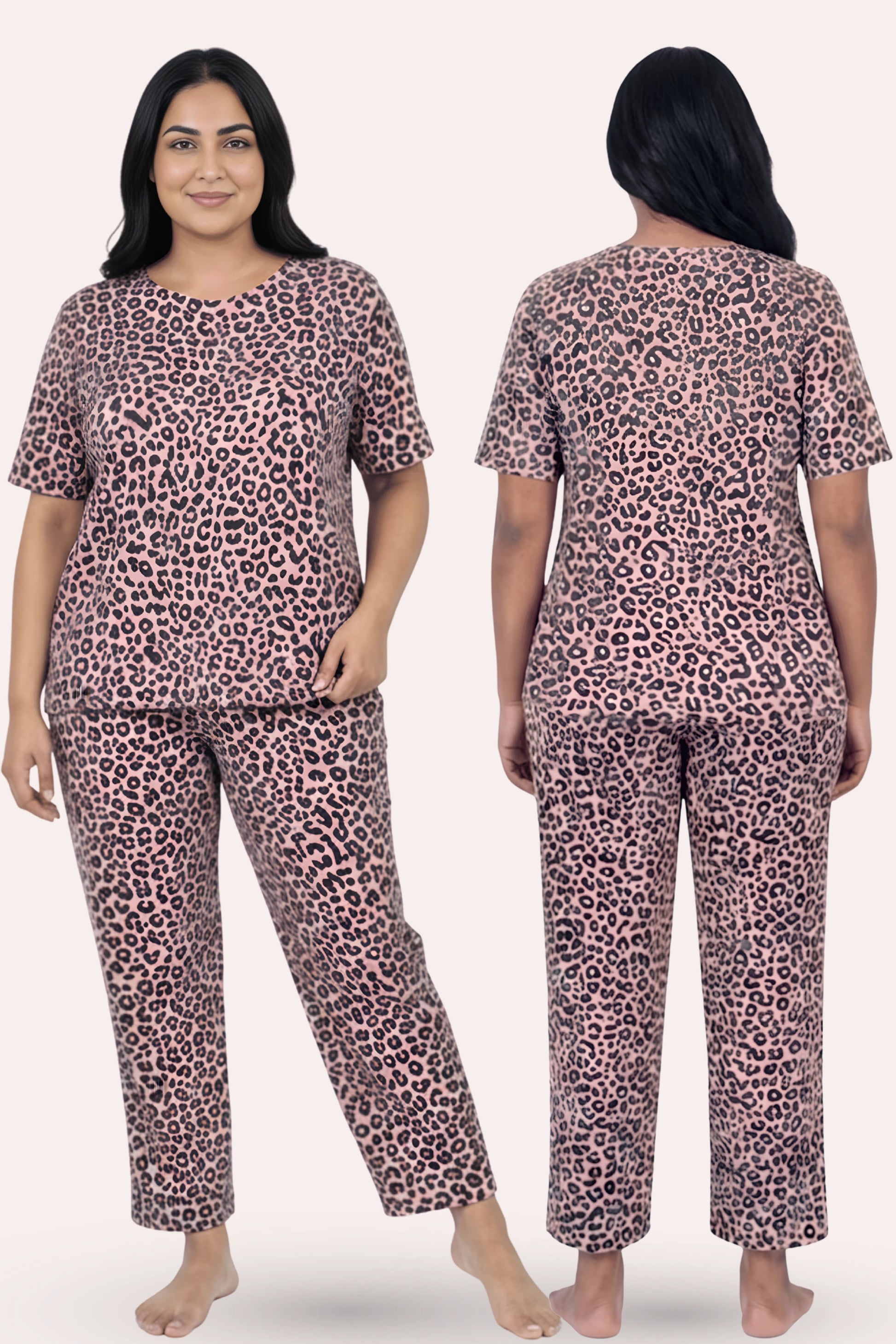 Brown leopard print pajama set worn by a model