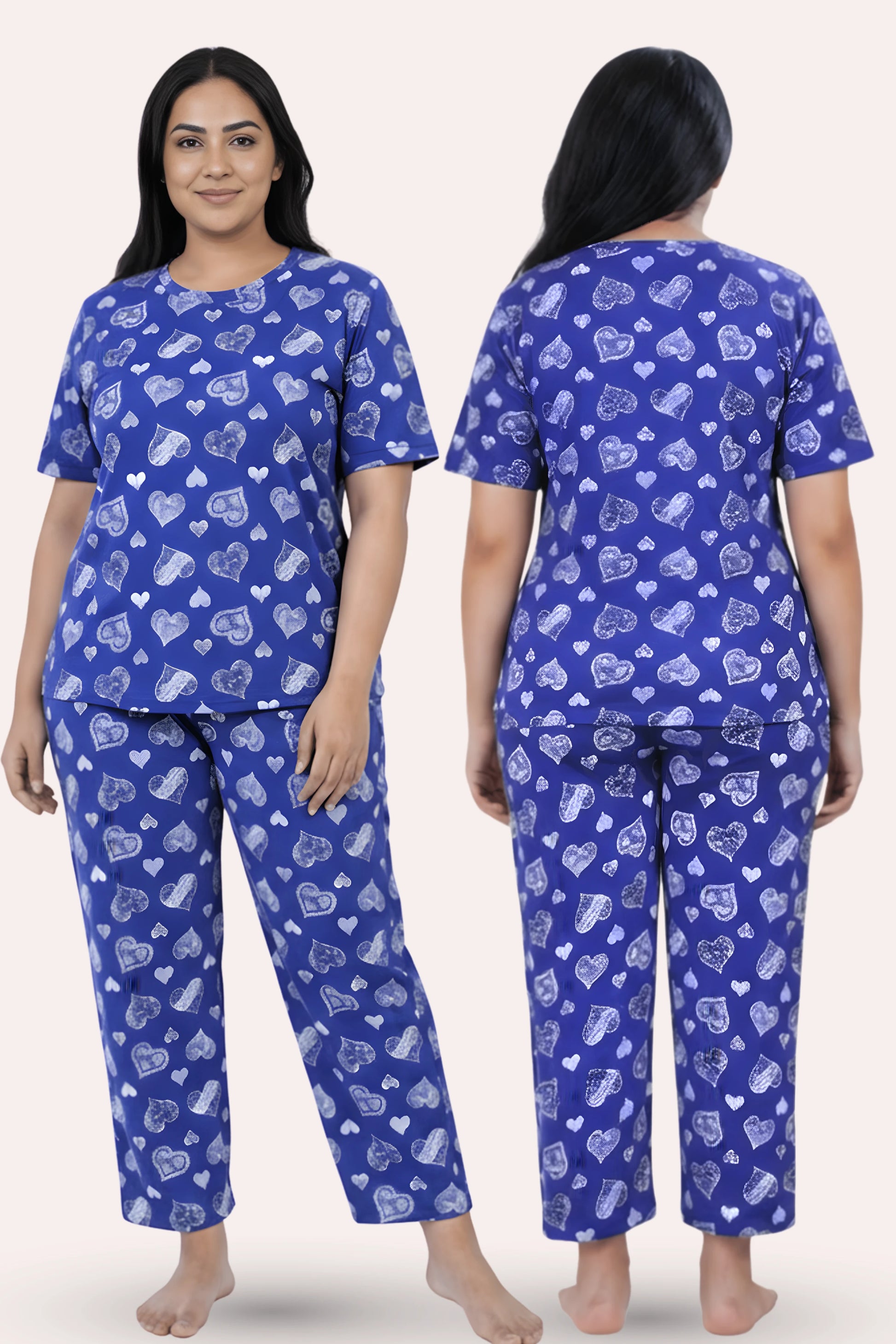 Woman wearing a navy hearts pajama set with heart pattern, front and back views