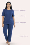 Woman wearing a airforce navy outfit with labeled features