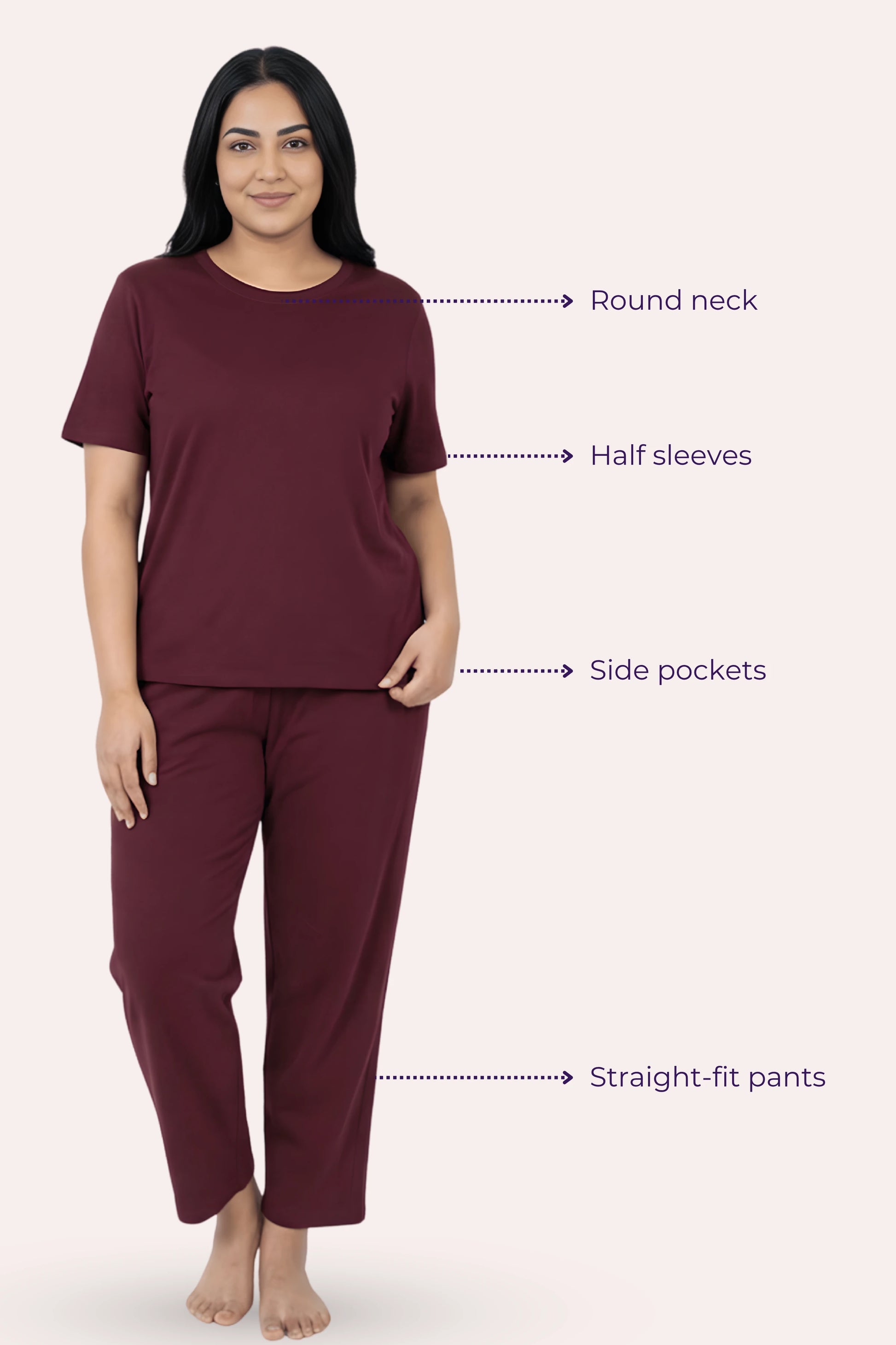 Woman wearing a wine pajama set with labeled features