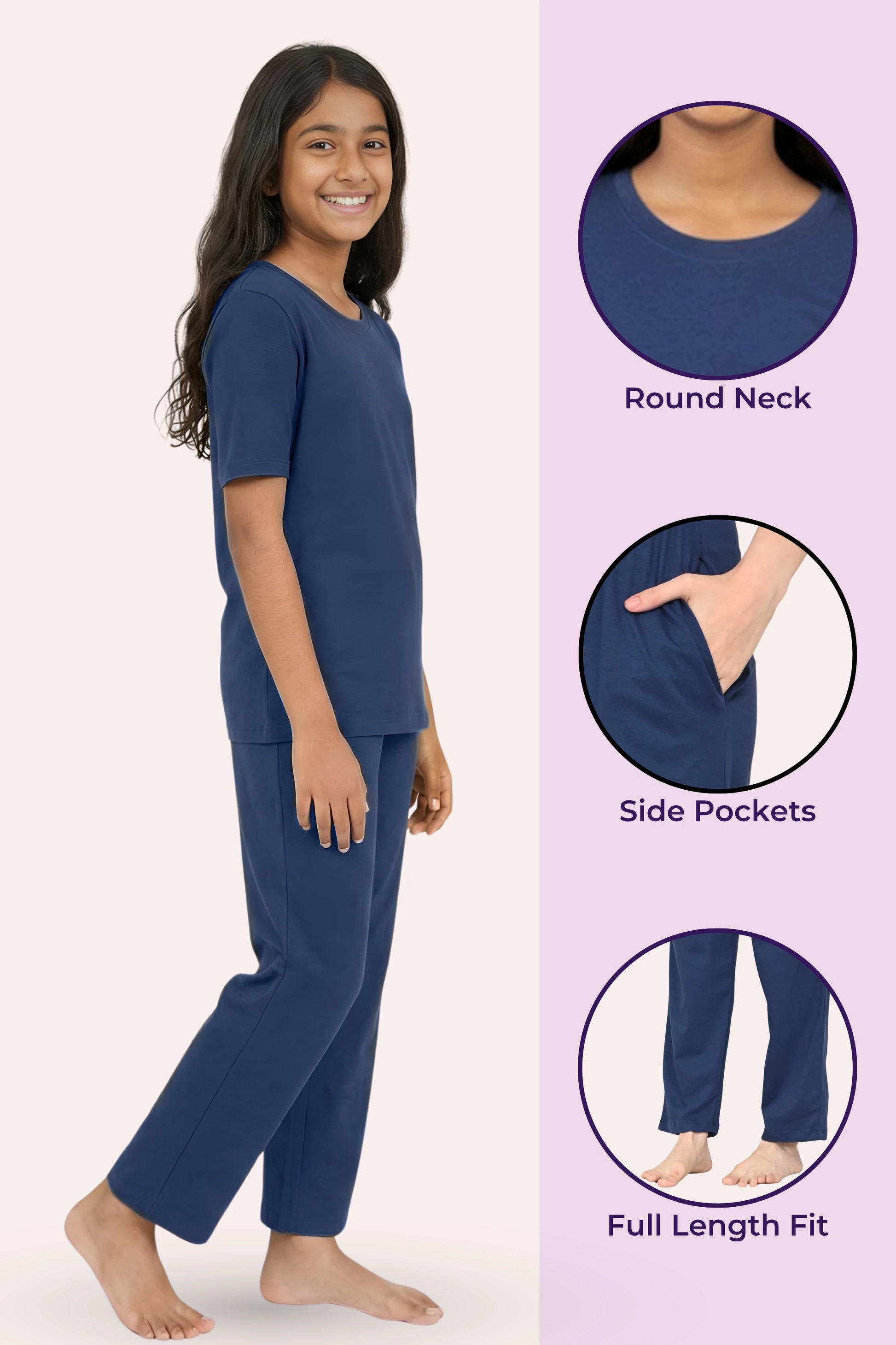 Teen wearing airforce navy pajama set with product features highlighted