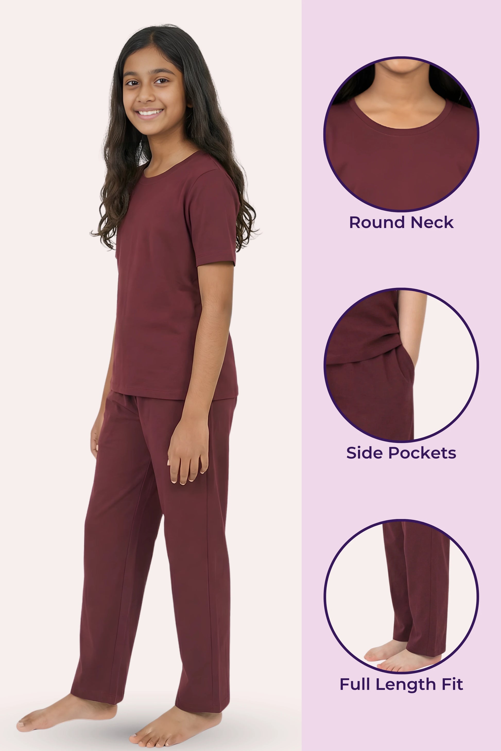 Teen wearing wine pajama set with product details
