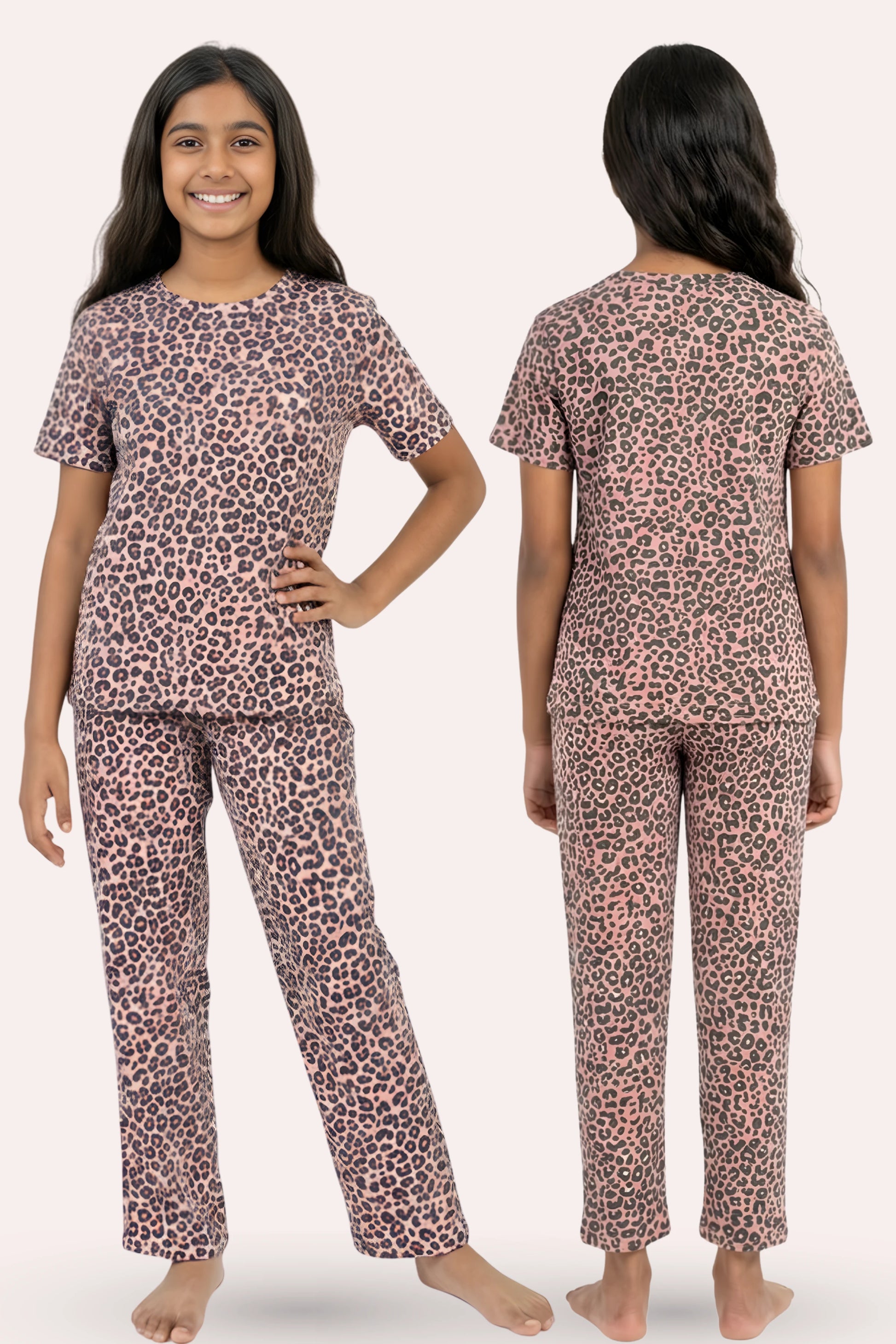 Teen wearing a leopard print pajama set