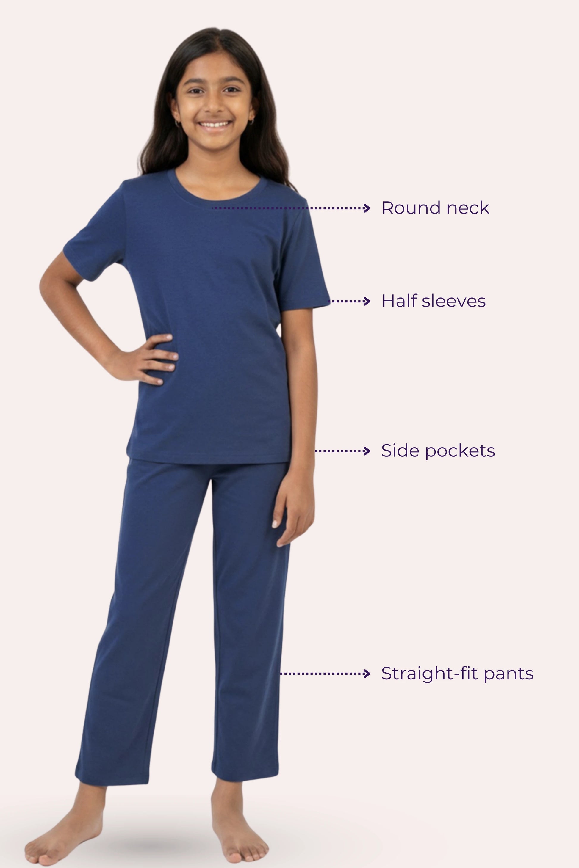 Teen wearing a airforce navy pajama set with labeled features