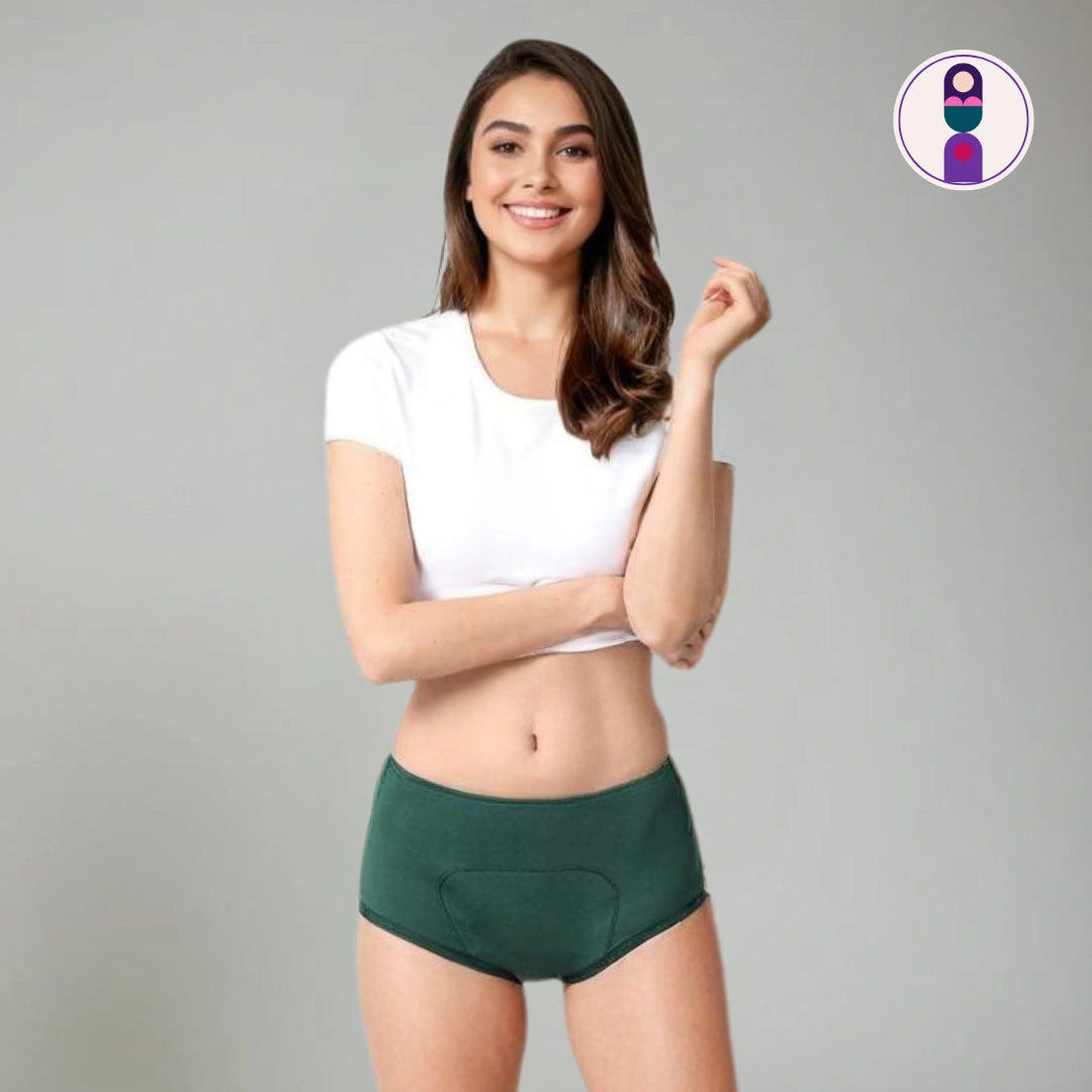 Image of woman wearing green period panty boxer on a gray background - Explore Now.