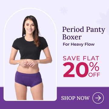 Woman wearing purple period panty boxers with promotional text 'SAVE FLAT 20% OFF' on a light purple background