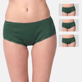 A model wearing dark green high-waisted boxer, with three smaller inset images on the right showing the same product from different angles against a light gray background.