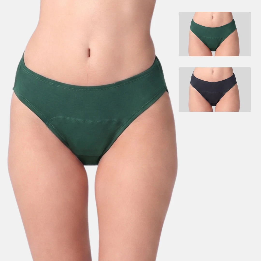 A model wearing a dark green hipster, with two small inset images in the top right showing the same style in green and navy blue.