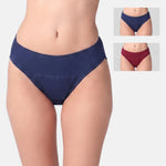 A model is wearing a navy blue hipster, with two smaller inset images in the top right showing the same style in navy and maroon.