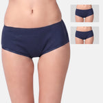 A model is wearing navy blue boxer, with two smaller inset images in the top right showing the same product from different angles against a light gray background.