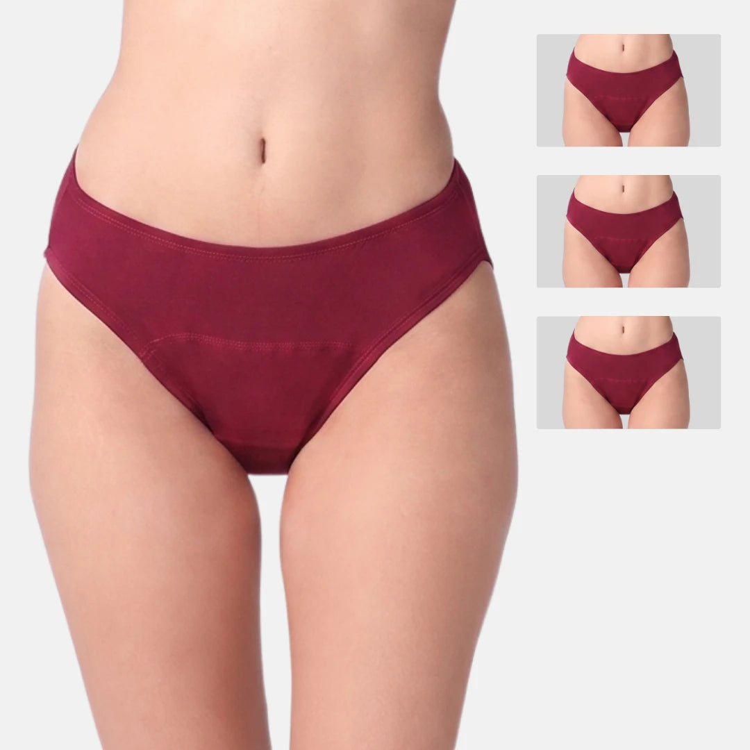 A model is wearing a underwear in a maroon. The main image shows the front view, while three smaller inset images on the right show the back, side, and front views of the same style of underwear.