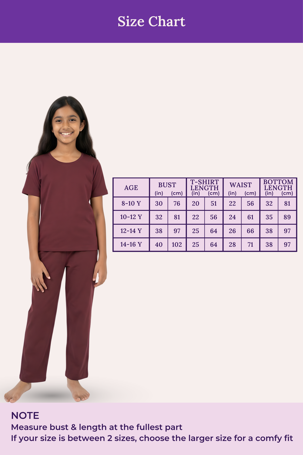 Person wearing a maroon outfit with a size chart on a purple background
