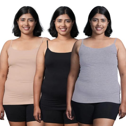 Plus Size Camisole | Soft Adjustable Shoulder Elastic | Offers Full Coverage | Pack Of 3