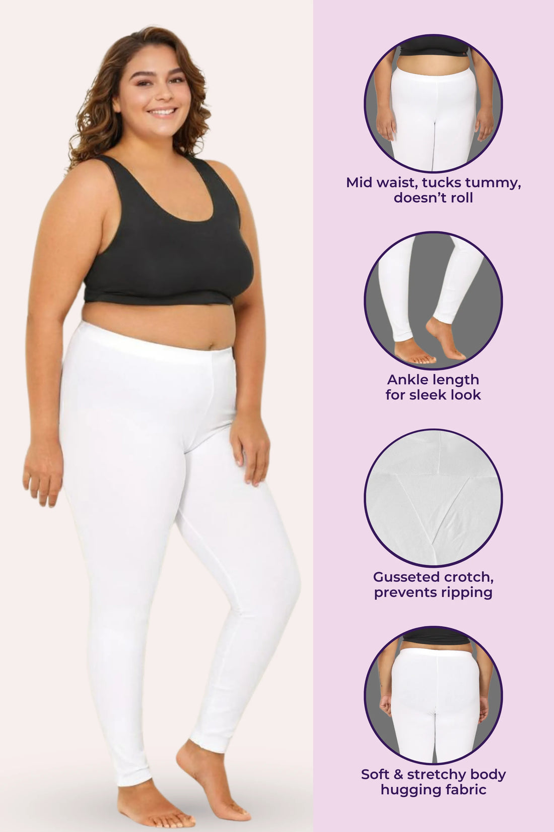Woman wearing a black sports bra and white leggings on a white background