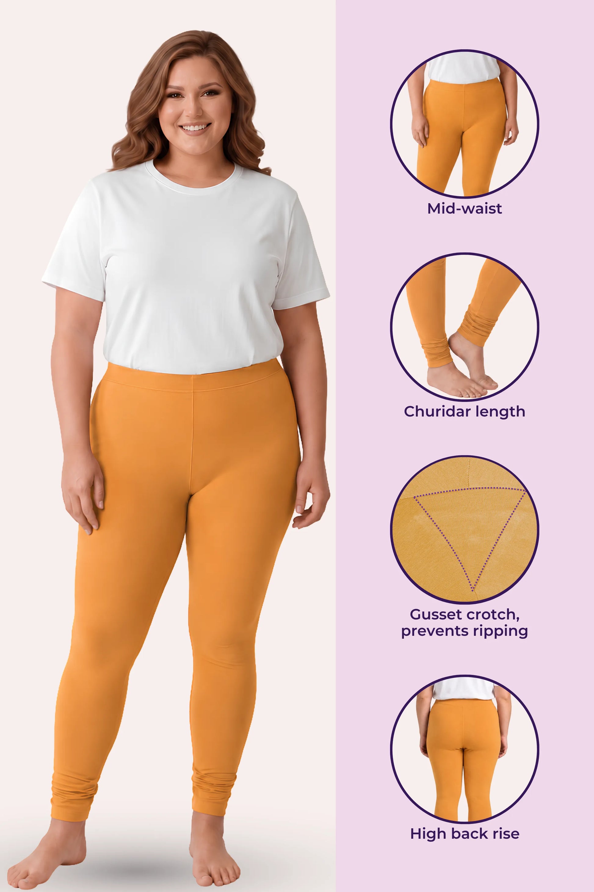 A woman modeling caramel leggings with a white t-shirt, shown alongside feature callouts on a light lavender background. The callouts highlight mid-waist, churidar length, gusset crotch, and high back rise details.