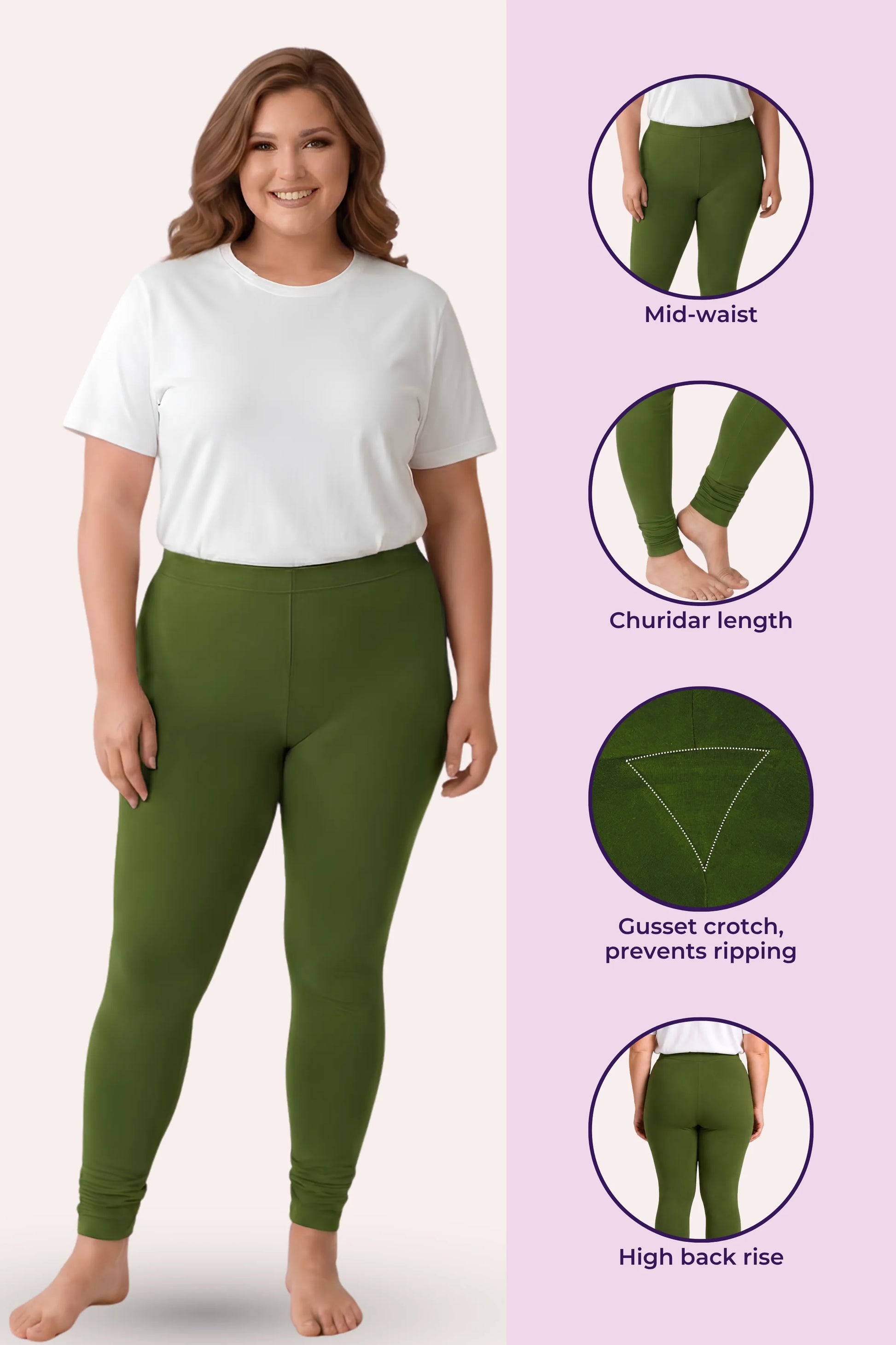 A woman modeling green high-waisted leggings on a split white and light purple background, with circular inset detail images showing mid-waist fit, churidar length, gusset crotch design, and high back rise.