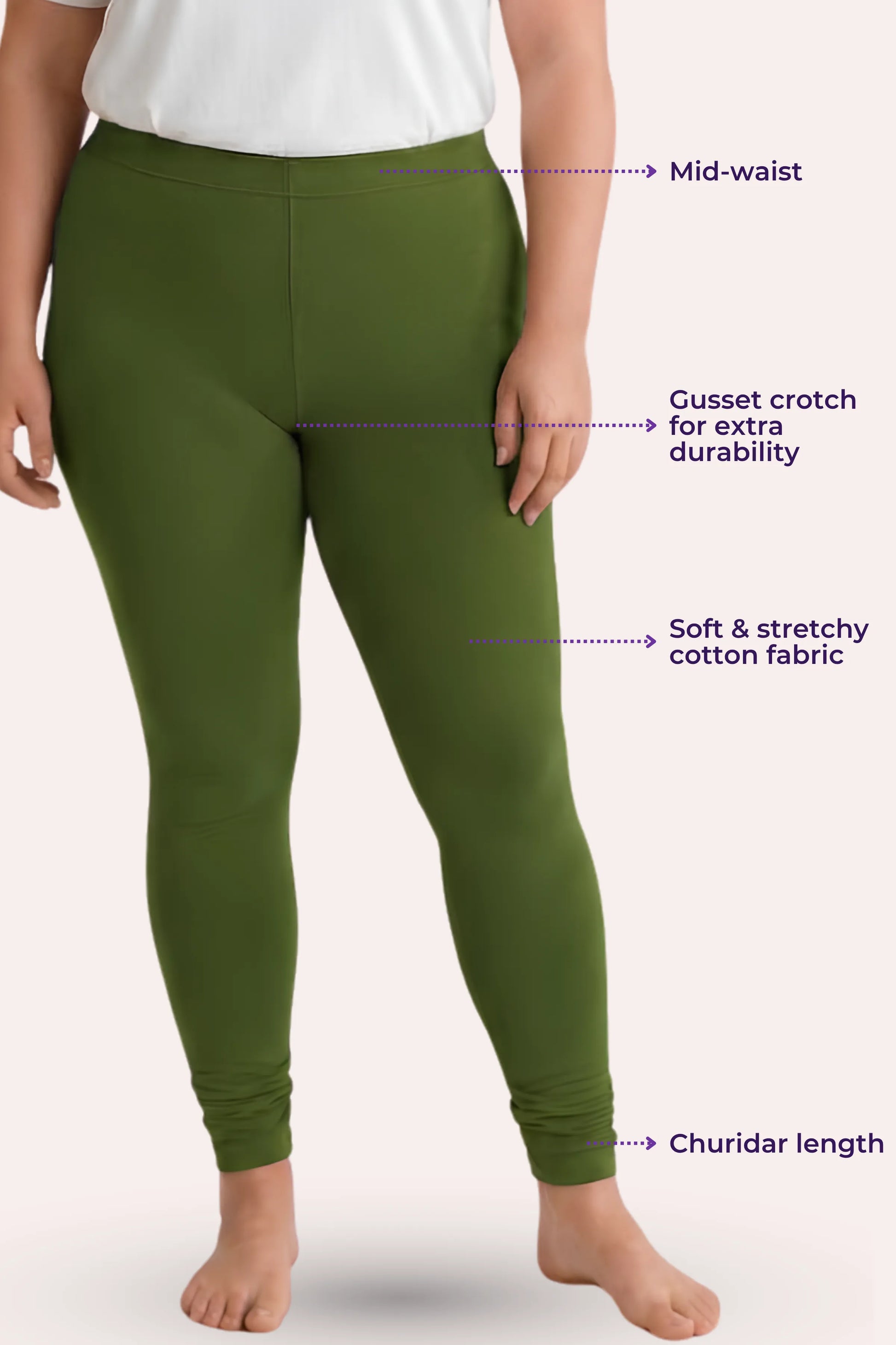 A women wearing green leggings against a pale pink background, with overlaid callout text pointing to the mid-waist, gusset crotch, stretchy fabric, and churidar length.