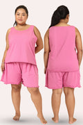 Woman wearing a rose tank top and shorts set, shown from front and back