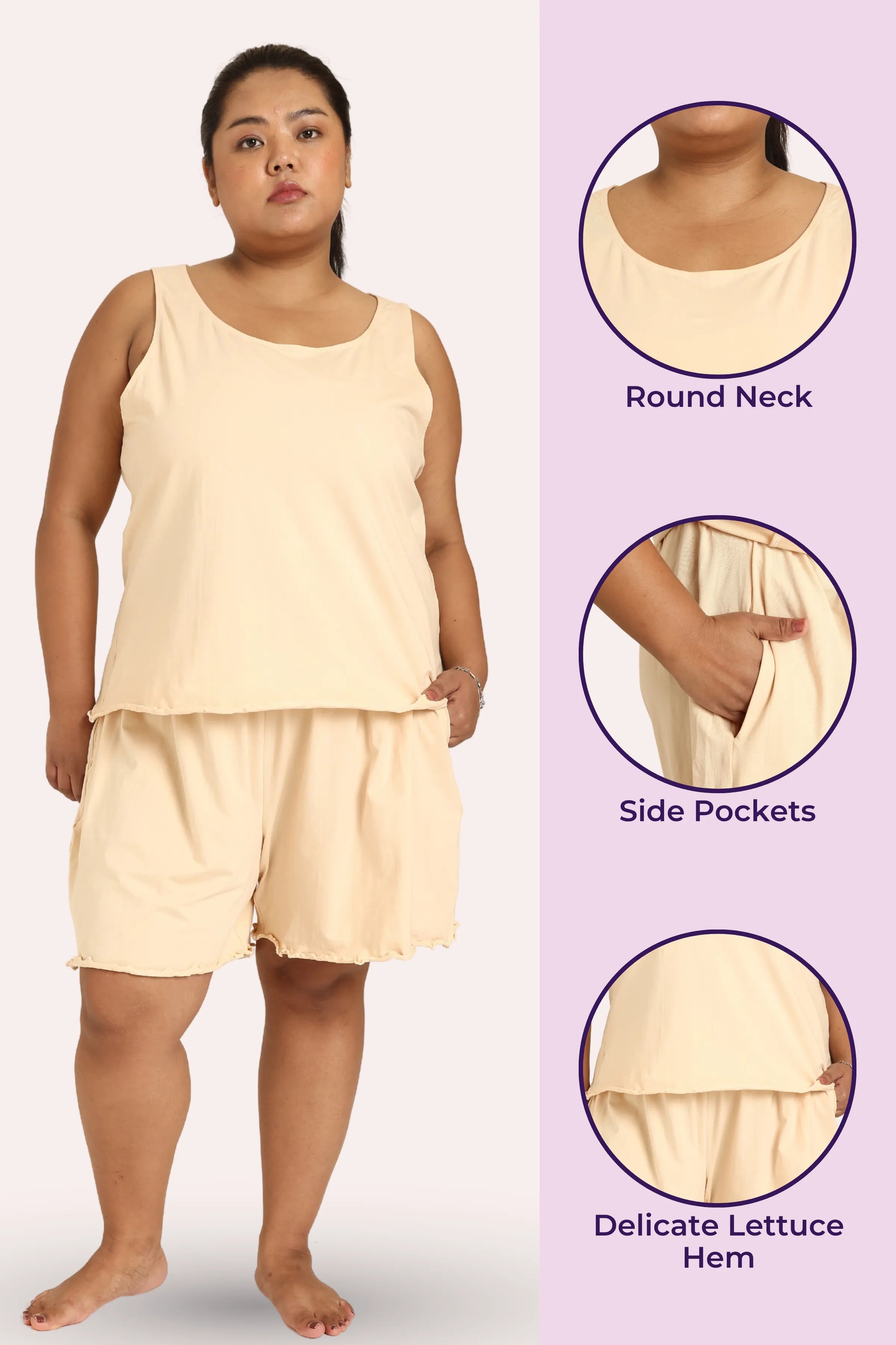 Woman wearing a cream sleeveless top and shorts with product details on a light purple background