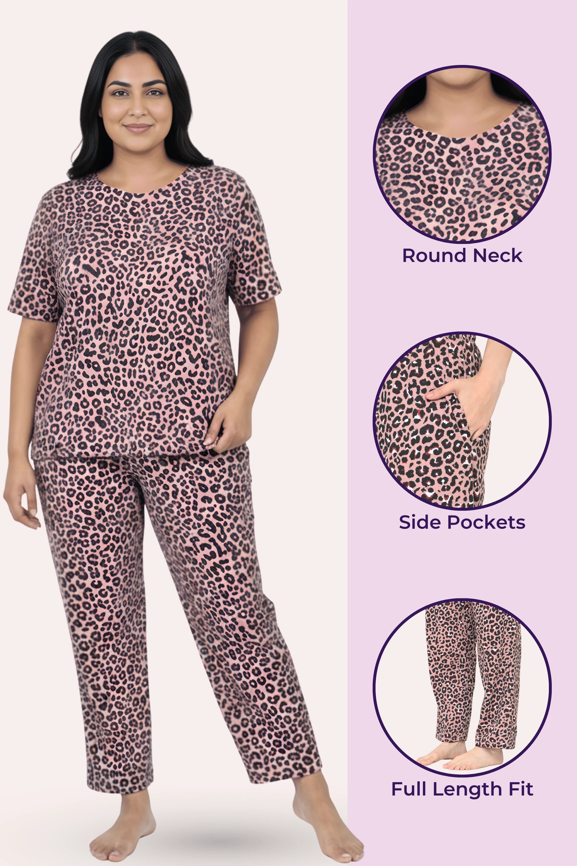 Woman wearing a brown leopard print pajama set with product details