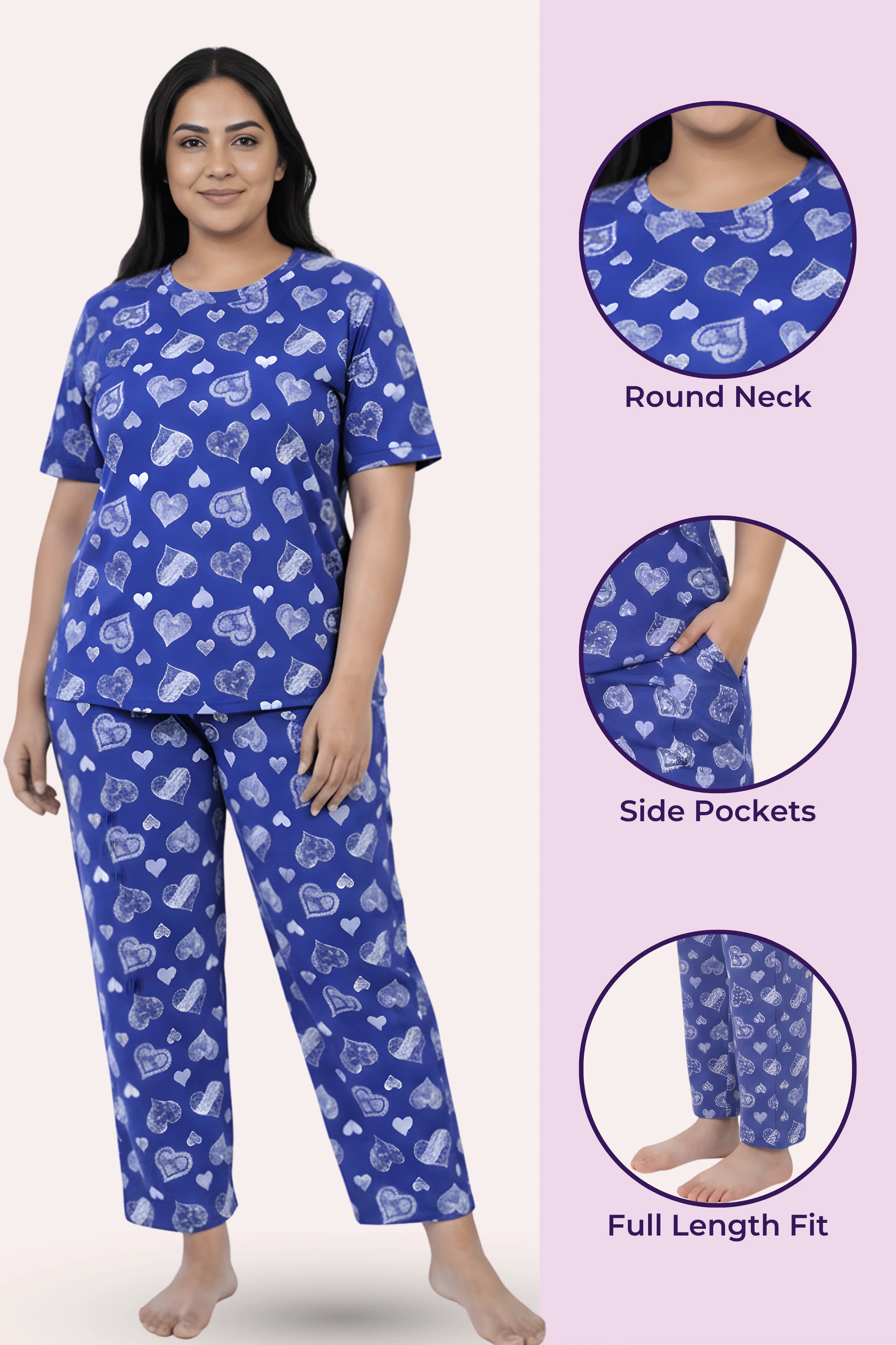 Woman wearing a navy hearts pajama set with heart patterns, standing against