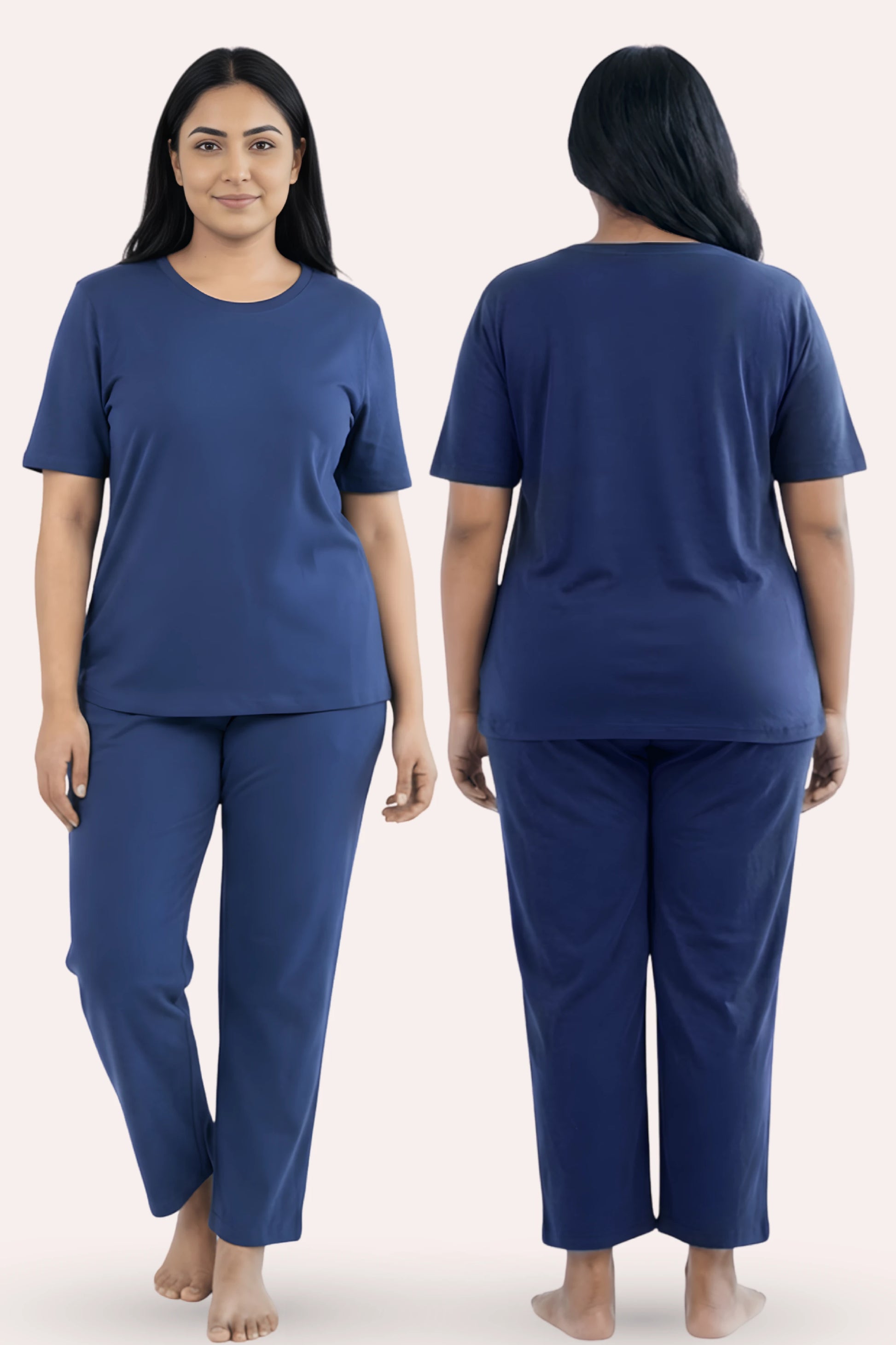 Woman wearing a airforce navy pajama set, shown from front and back