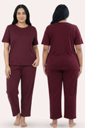 Wine pajama set worn by a person