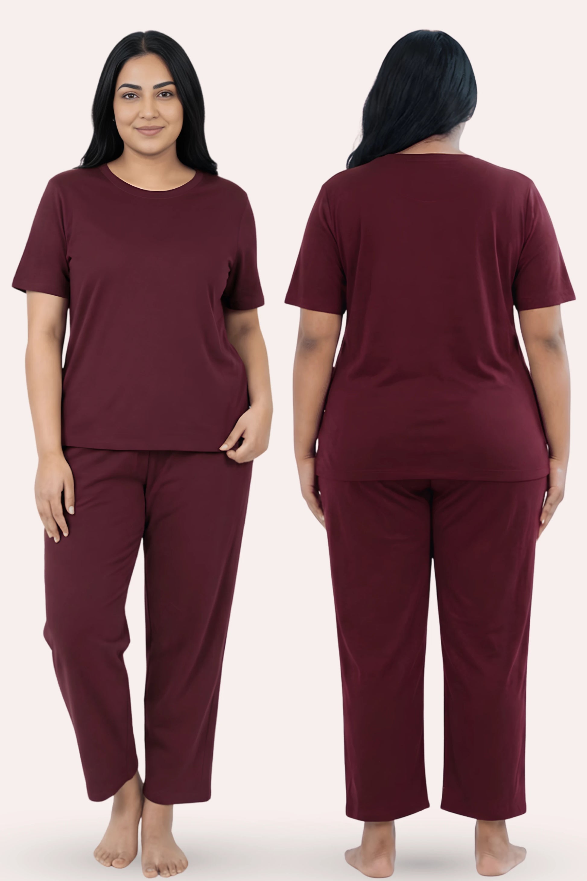 Wine pajama set worn by a person