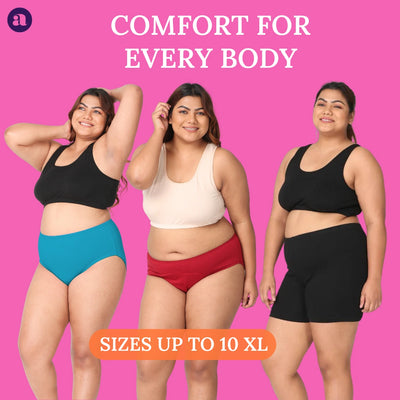 Three women wearing athletic wear with text 'Comfort for Every Body' and 'Sizes up to 10 XL' on a pink background.