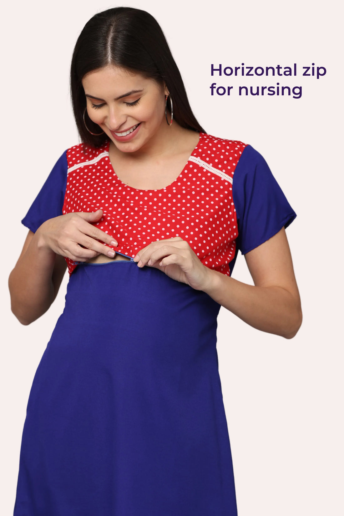 Royal Blue Maternity Gown With Red Polka Dot Yoke | Horizontal Zip Closures | Ideal For Pregnancy & Breastfeeding