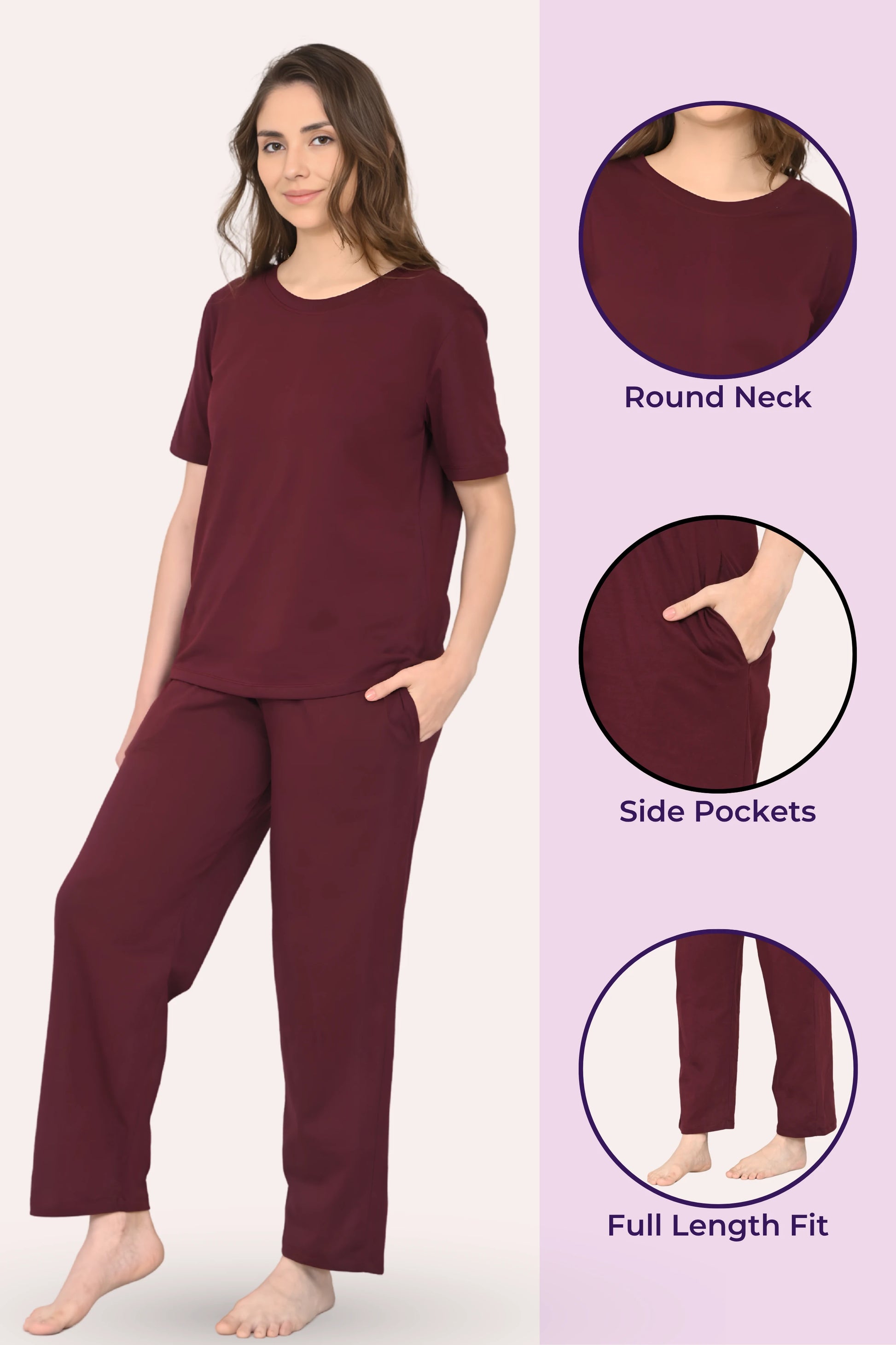 Woman wearing a wine pajama set with highlighted features