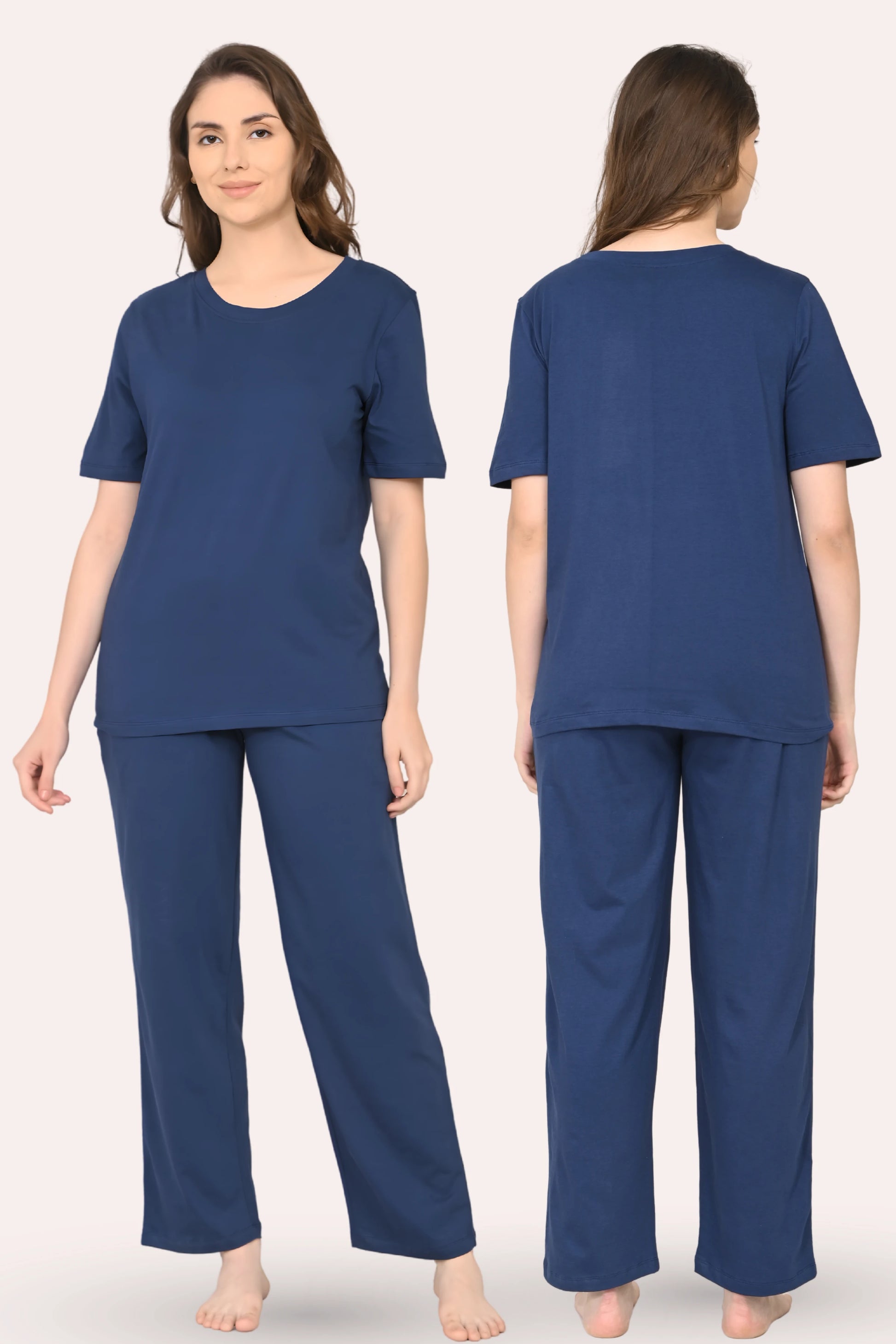 Woman wearing a airforce navy pajama set, shown from front and back views