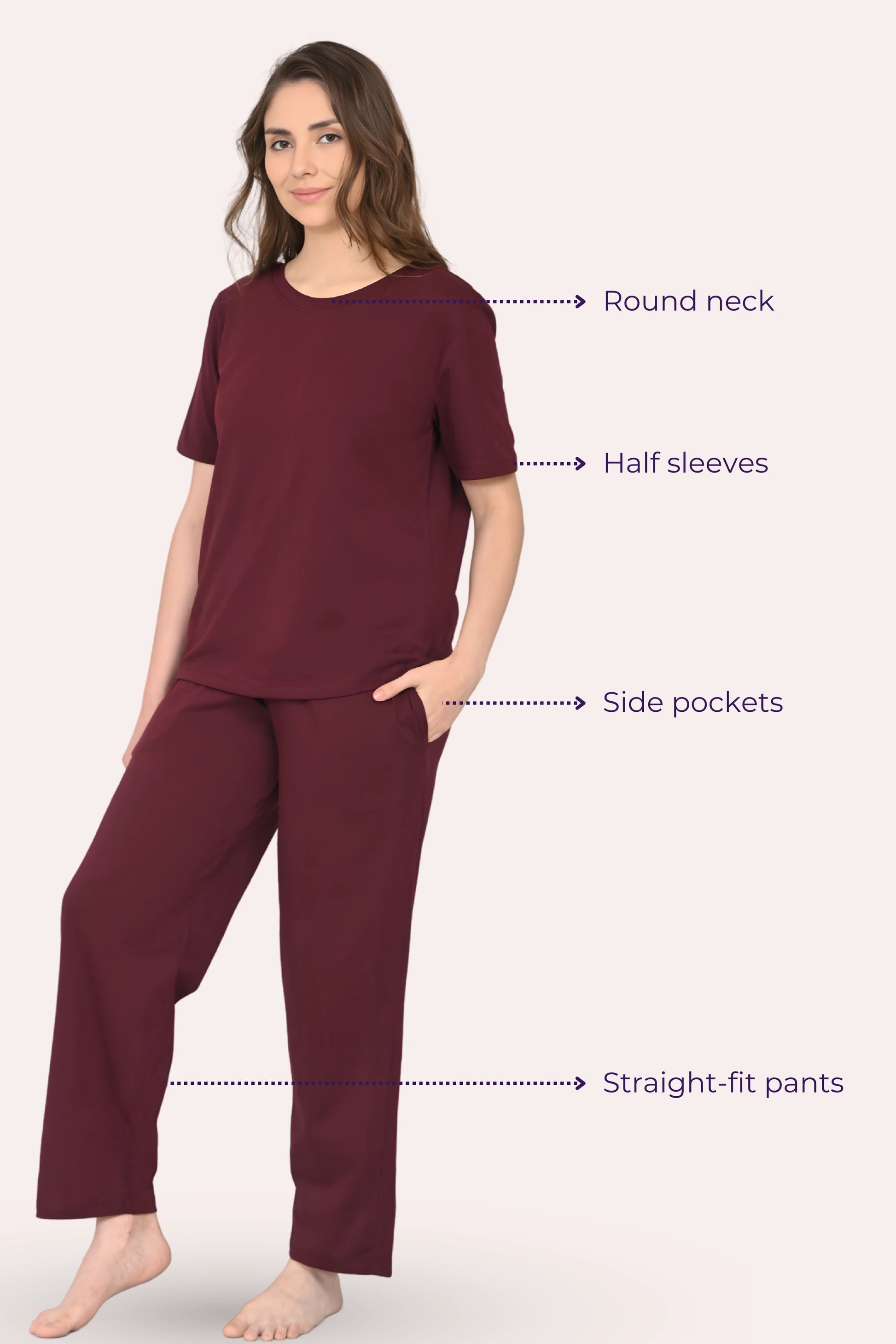 Woman wearing a wine outfit with labeled features