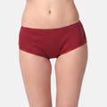 A model wearing a maroon boxer against a light gray background.