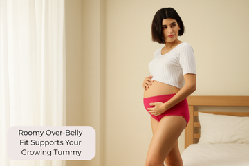 Pregnant woman wearing a white top and red underwear in a bedroom setting.