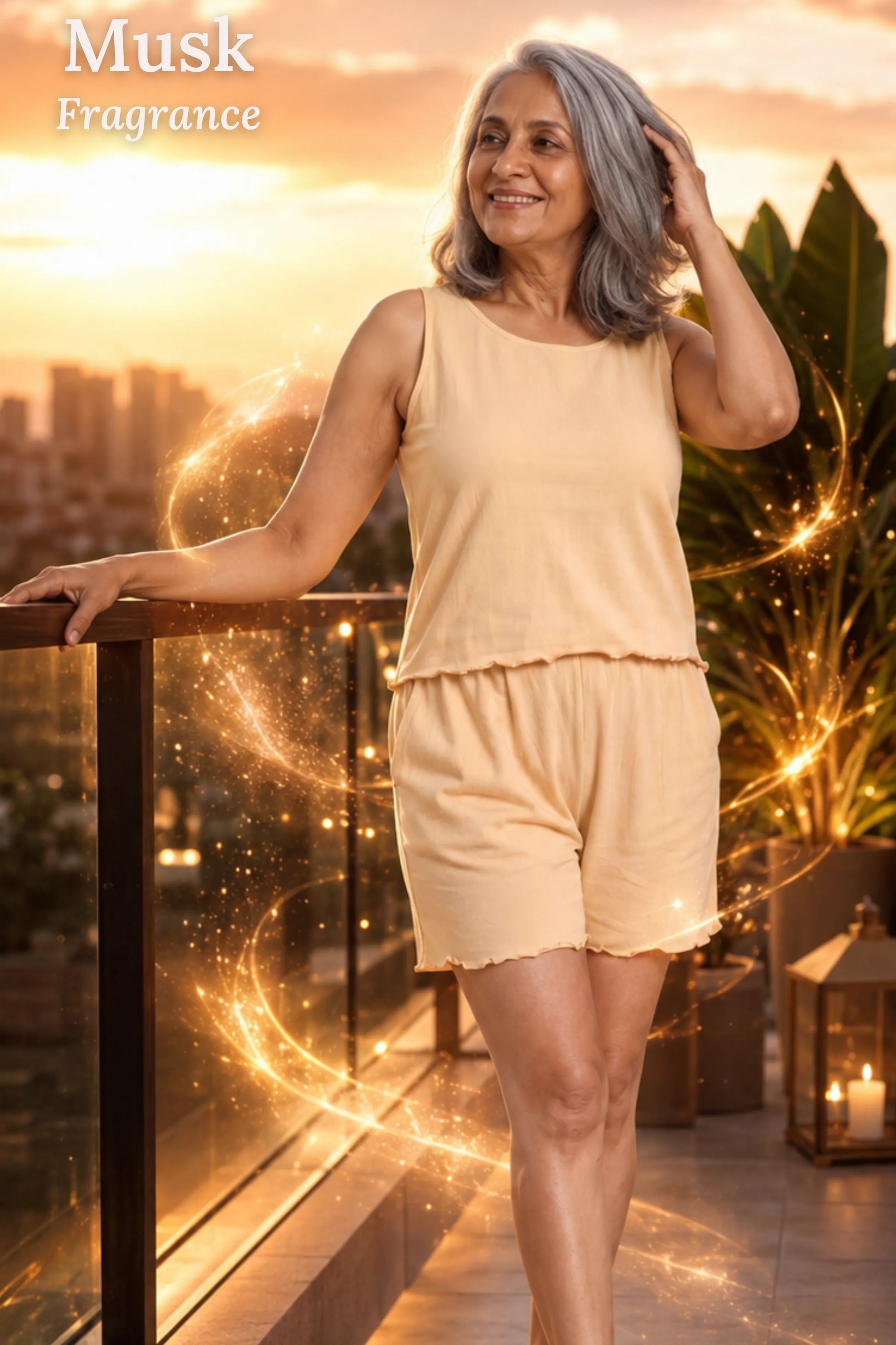 A woman stands on a balcony at sunset wearing a light peach sleeveless top and matching shorts. The scene has warm golden lighting, decorative sparkles, plants, and lanterns, with the text 'Musk Fragrance' in the upper left.