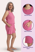 A woman modeling a pink sleeveless top and matching shorts on the left, with three circular detail callouts on the right showing the round neckline, side pockets.