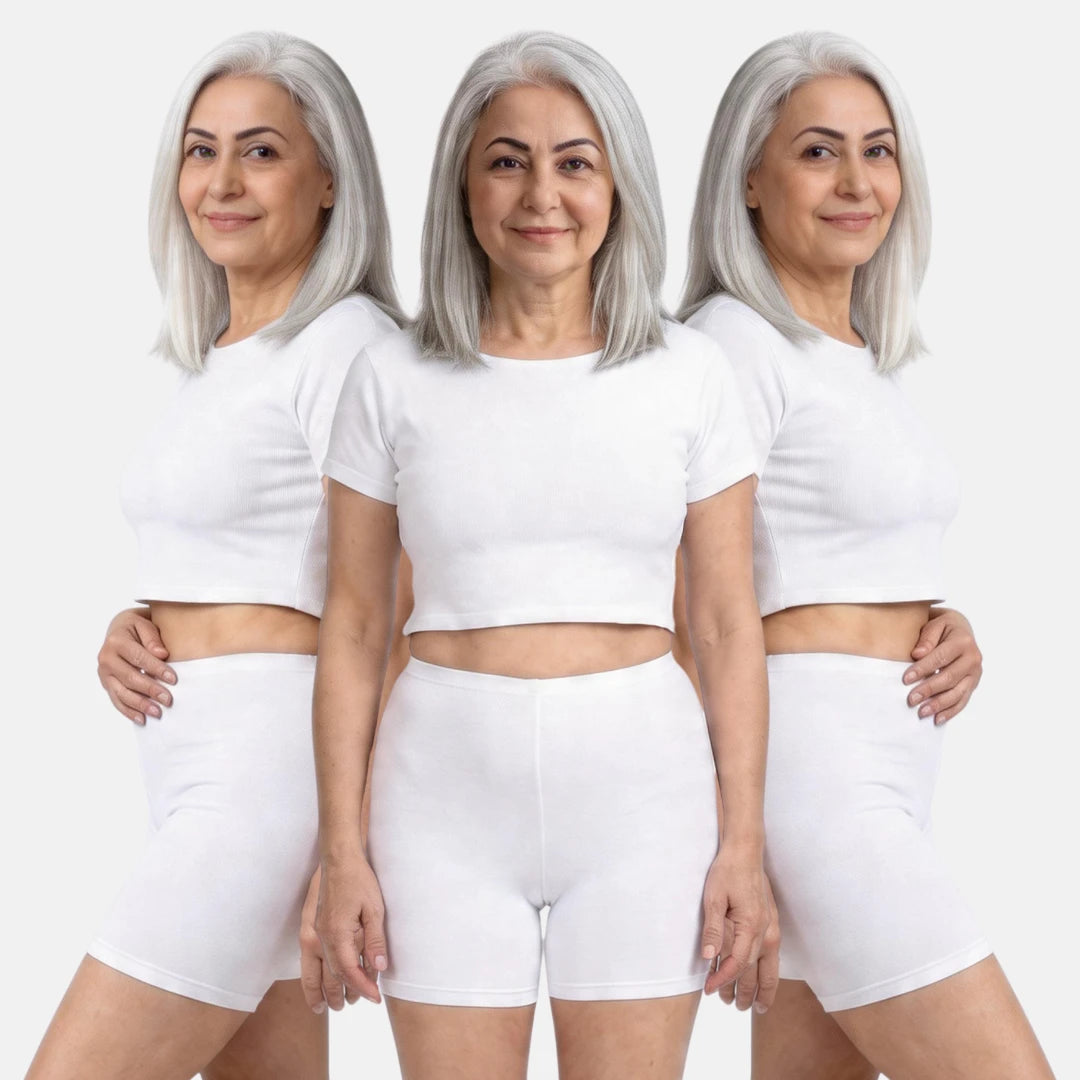 Woman wearing a three different poses with white crop top and white shorts on a white background