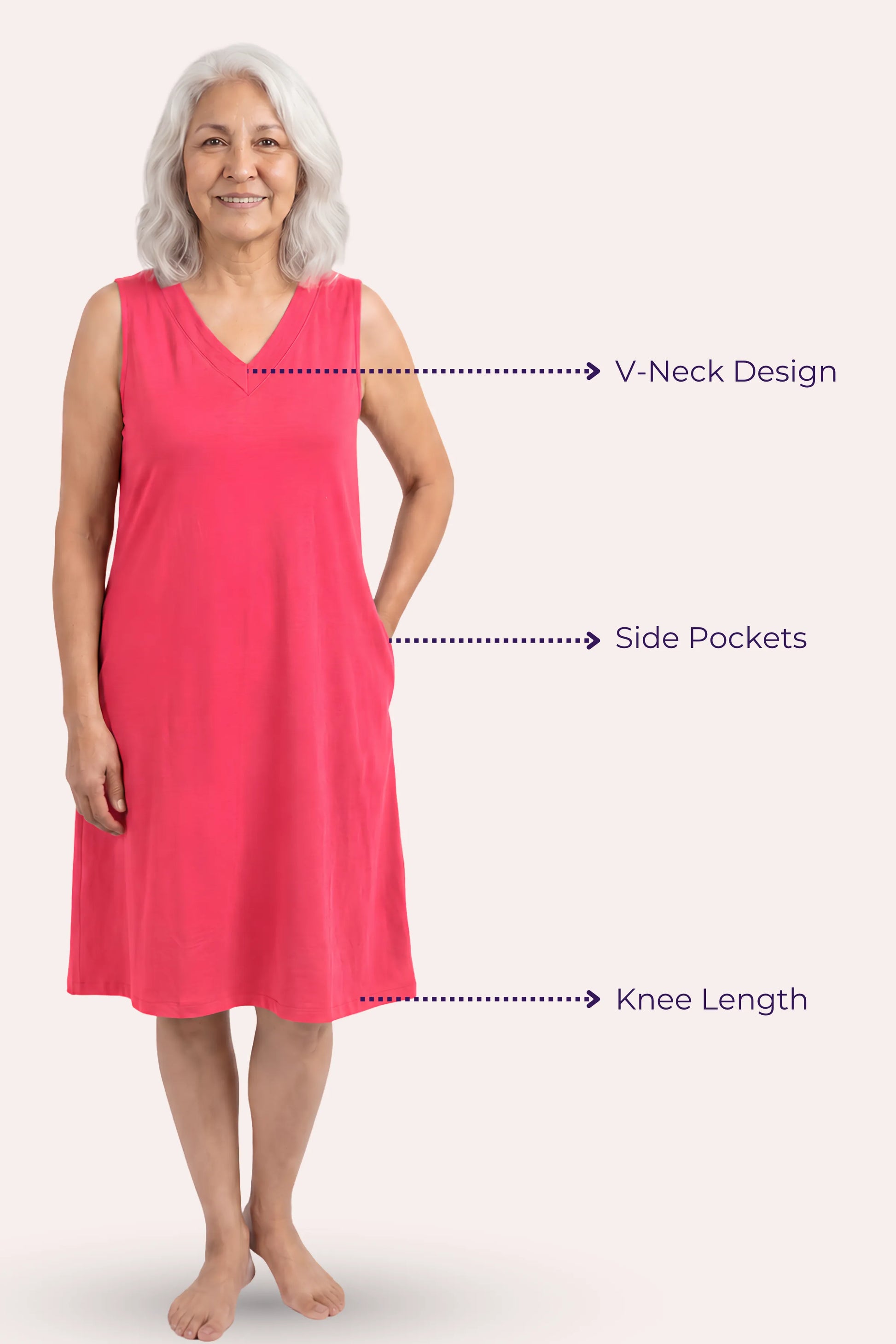 A woman model a sleeveless dark pink nightgown with labeled callouts features.