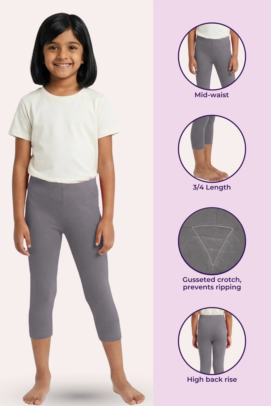 Girls’ Cropped Leggings | Mid Waist | 3/4 Length | Cotton–Elastane Blend | Non-See-Through | Gusset Crotch to Prevent Ripping