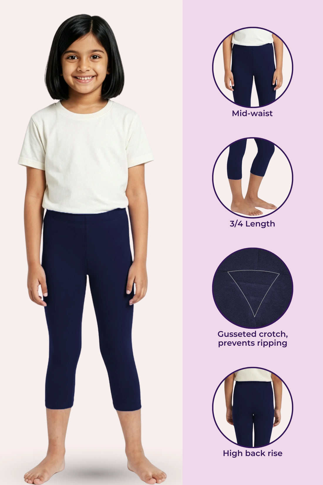 Girls’ Cropped Leggings | Mid Waist | 3/4 Length | Cotton–Elastane Blend | Non-See-Through | Gusset Crotch to Prevent Ripping